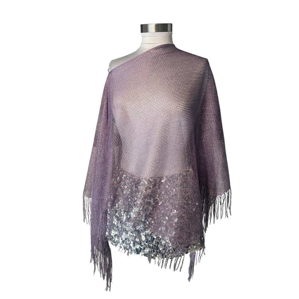 Women's Lavender Sequin Fringe Knit Poncho